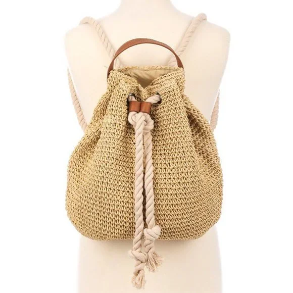 NWT Boho Beach Raffia Woven Rope Backpack - Picture 5 of 11